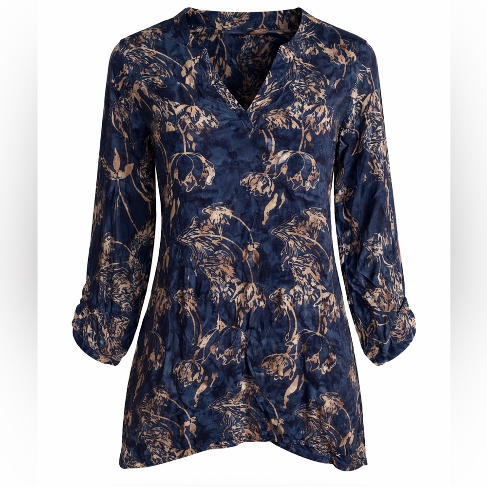 Soft Surroundings Blue Floral Print Rayon Blouse Women’s XL Boho Tunic Top - Picture 1 of 9